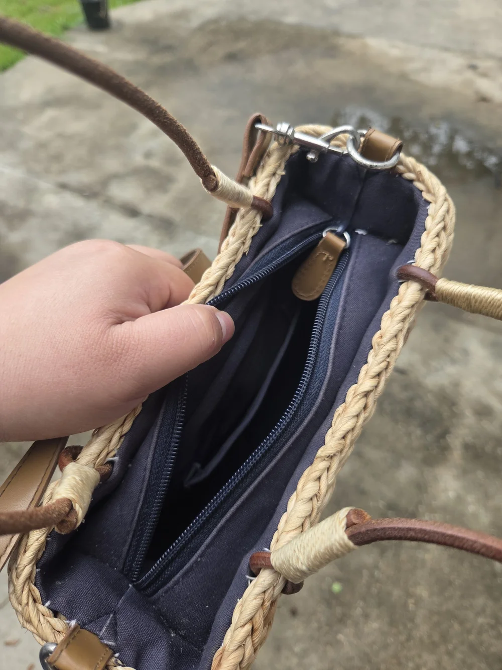 Woven Straw Crossbody Bag with Navy & Red Accents